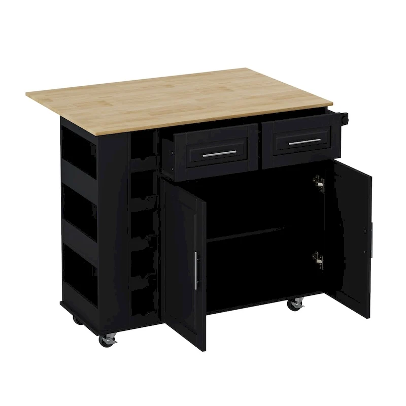 Foldable Kitchen Island Cart with Spice Rack, Towel Holder & Wine Rack