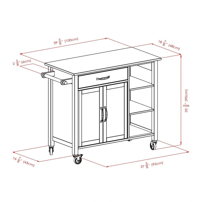 Mabel Utility Kitchen Cart, Walnut and Natural - 42.72 x 18.9 x 35.43 inches