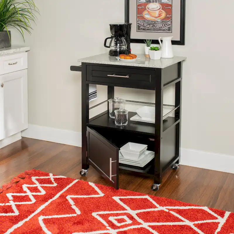 Porch & Den Bigelow Black Wood/ Granite Top Kitchen Cart