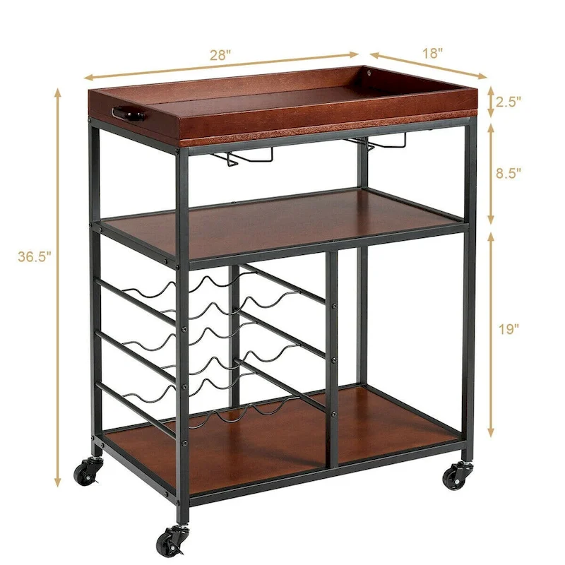 Gymax 3 Tier Storage Kitchen Trolley Utility Bar Serving Cart w/Wine