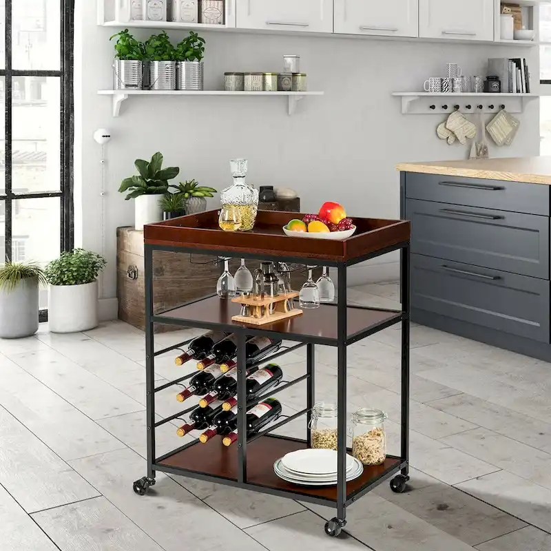 Gymax 3 Tier Storage Kitchen Trolley Utility Bar Serving Cart w/Wine