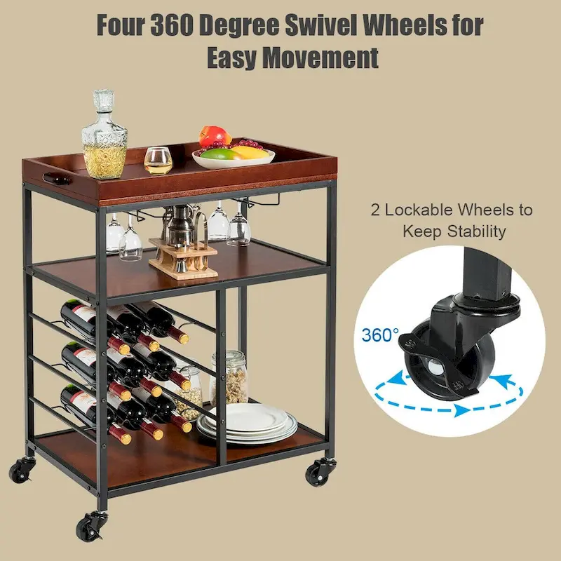 Gymax 3 Tier Storage Kitchen Trolley Utility Bar Serving Cart w/Wine