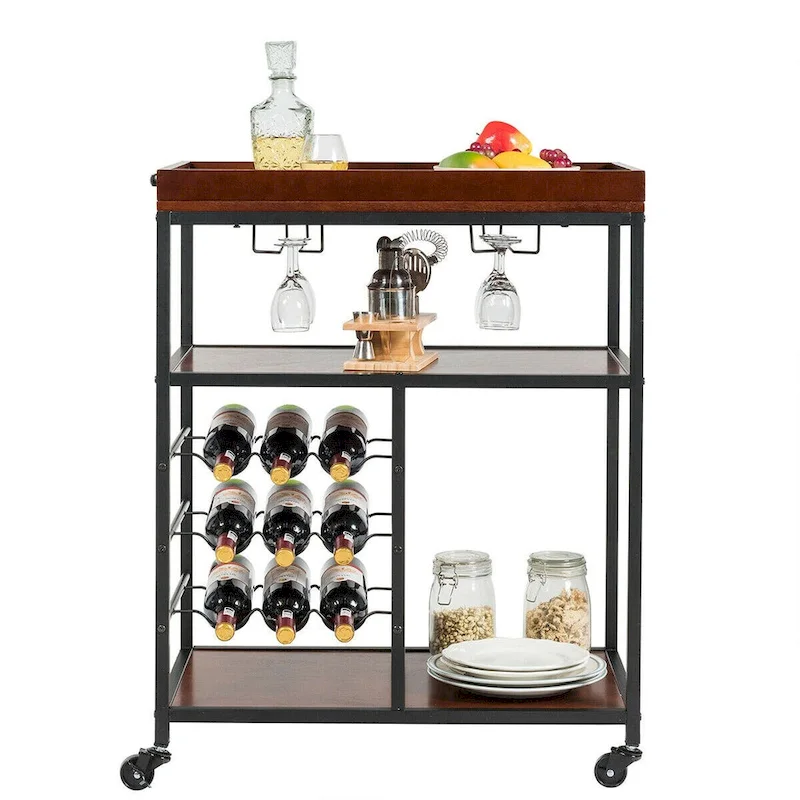 Gymax 3 Tier Storage Kitchen Trolley Utility Bar Serving Cart w/Wine