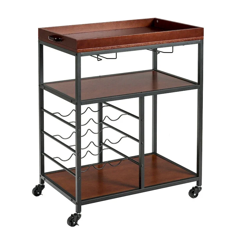 Gymax 3 Tier Storage Kitchen Trolley Utility Bar Serving Cart w/Wine