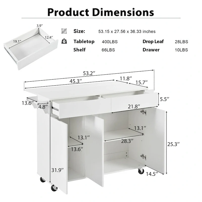 53.2in Rolling Kitchen Island with Drop Leaf with Spice Rack 2 Drawers