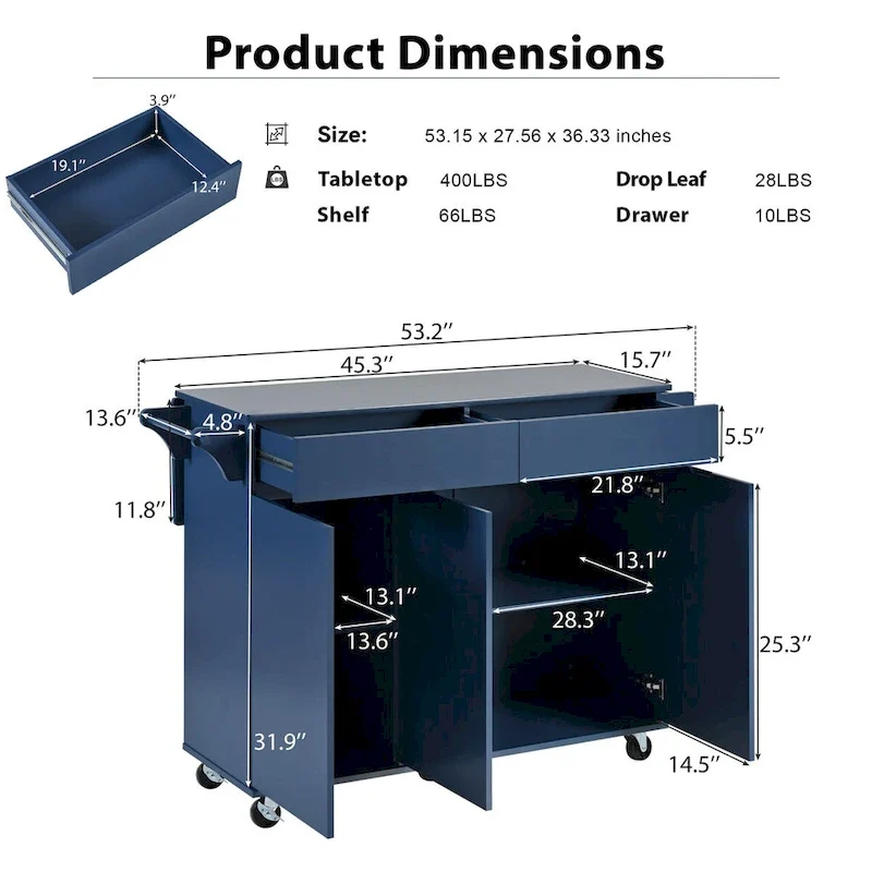 53.2in Rolling Kitchen Island with Drop Leaf with Spice Rack 2 Drawers