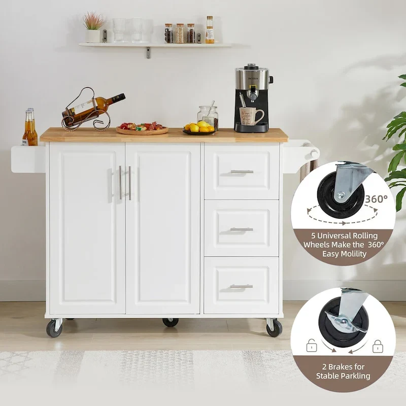 Kitchen Island with Drop Leaf Countertop, Barn Door Kitchen Island Table, Storage Cabinet and Tower Rack, Island Table On Wheels