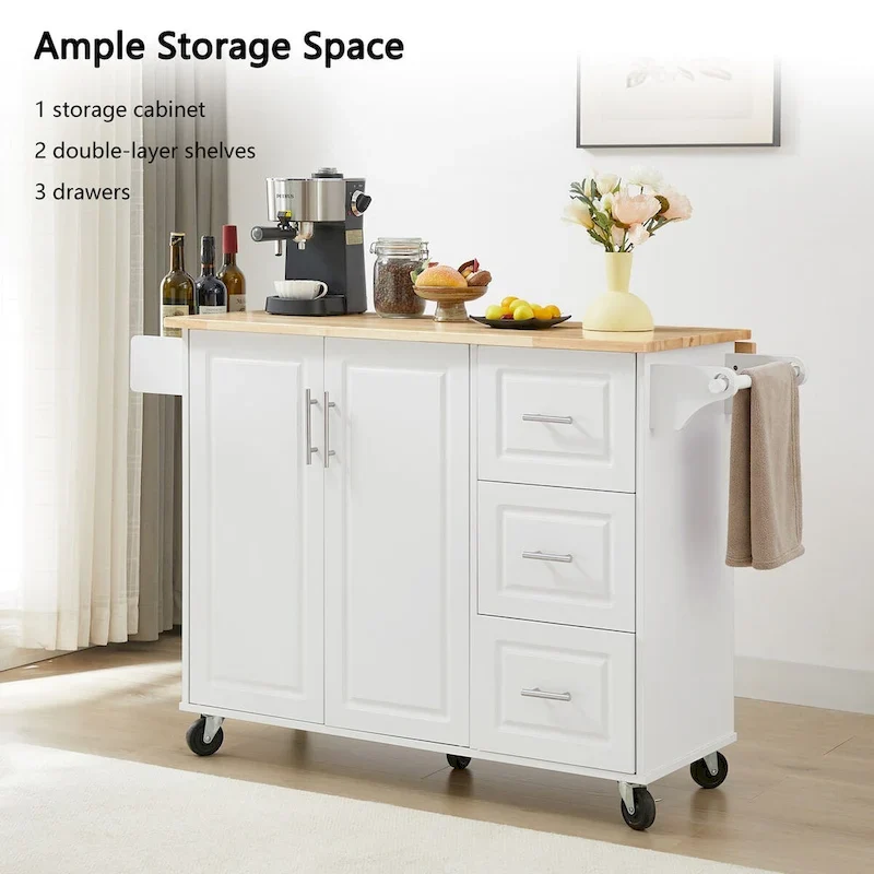 Kitchen Island with Drop Leaf Countertop, Barn Door Kitchen Island Table, Storage Cabinet and Tower Rack, Island Table On Wheels