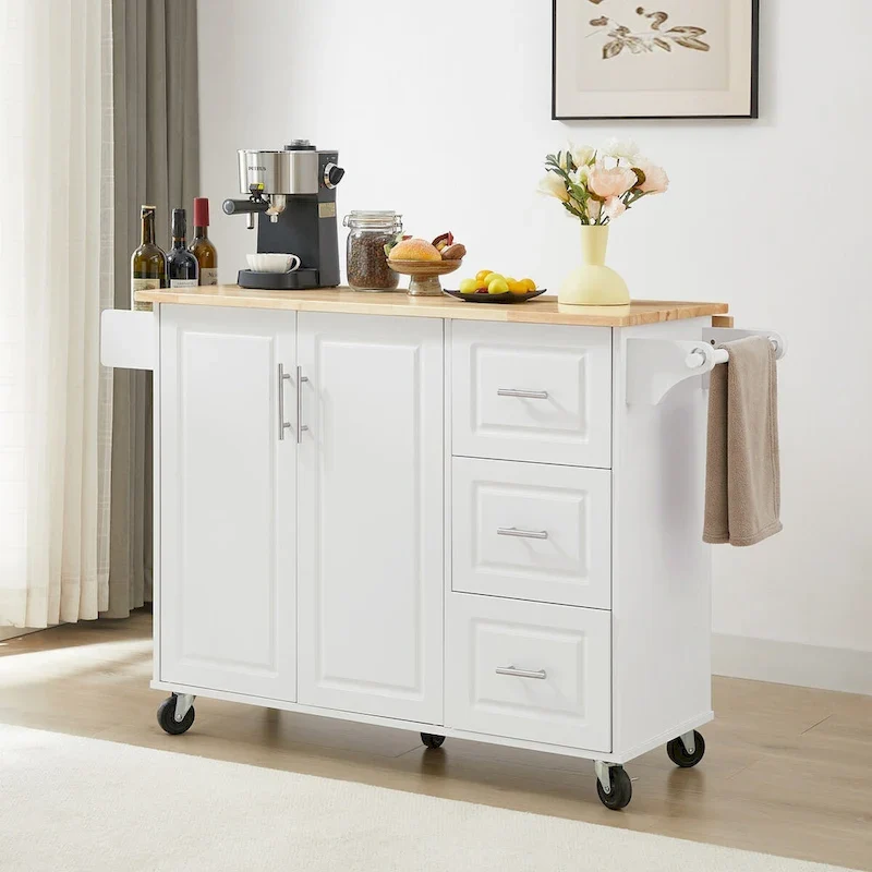 Kitchen Island with Drop Leaf Countertop, Barn Door Kitchen Island Table, Storage Cabinet and Tower Rack, Island Table On Wheels