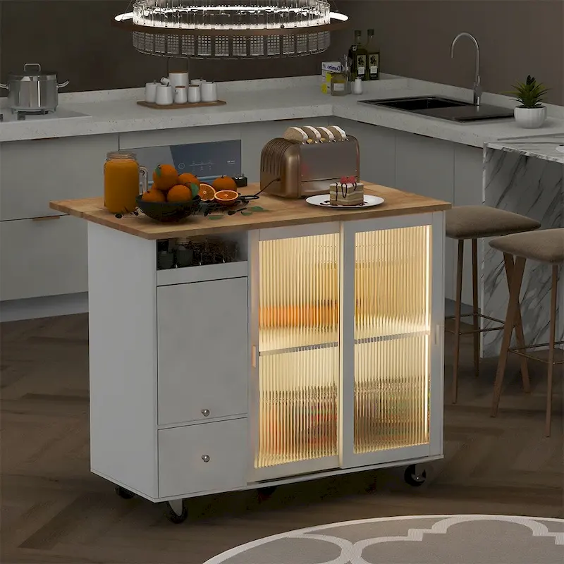 Kitchen Island Cart w/Drop Leaf, LED Light & Changeable Wheels or Feet