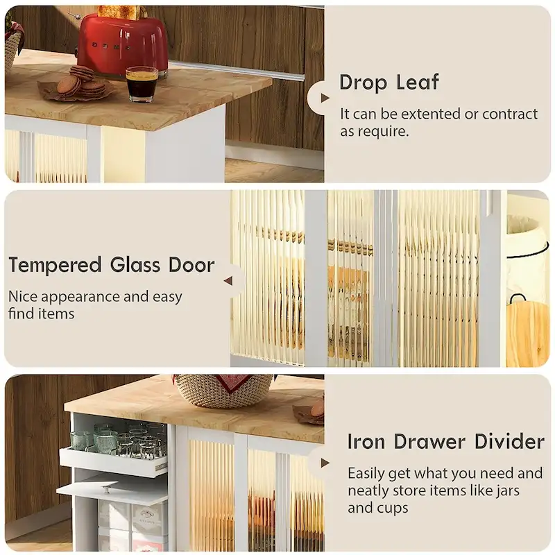 Kitchen Island Cart w/Drop Leaf, LED Light & Changeable Wheels or Feet