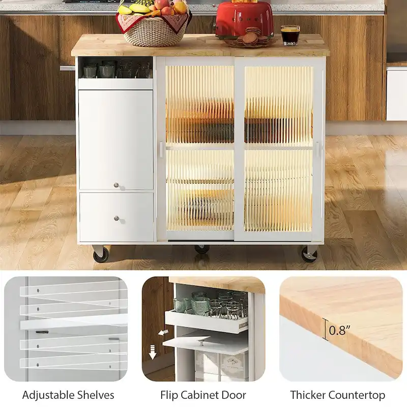 Kitchen Island Cart w/Drop Leaf, LED Light & Changeable Wheels or Feet