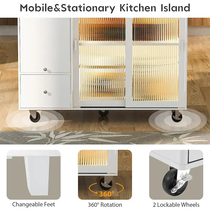 Kitchen Island Cart w/Drop Leaf, LED Light & Changeable Wheels or Feet