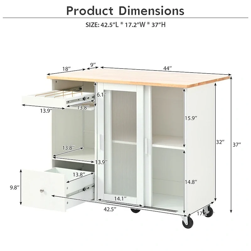 Kitchen Island Cart w/Drop Leaf, LED Light & Changeable Wheels or Feet
