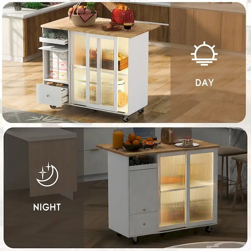 Kitchen Island Cart w/Drop Leaf, LED Light & Changeable Wheels or Feet