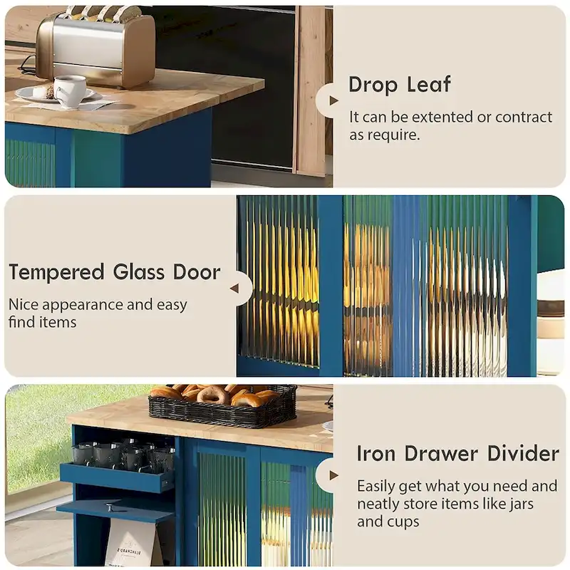 Kitchen Island Cart w/Drop Leaf, LED Light & Changeable Wheels or Feet