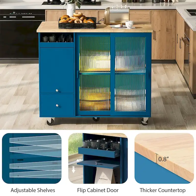 Kitchen Island Cart w/Drop Leaf, LED Light & Changeable Wheels or Feet