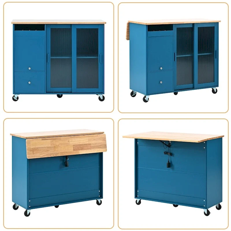 Kitchen Island Cart w/Drop Leaf, LED Light & Changeable Wheels or Feet