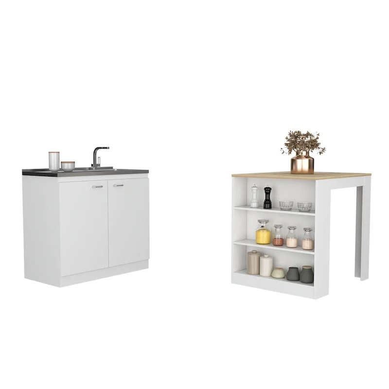 TUHOME Covelo 2-Piece Kitchen Set with Utility Sink Cabinet and Kitchen Island - N/A