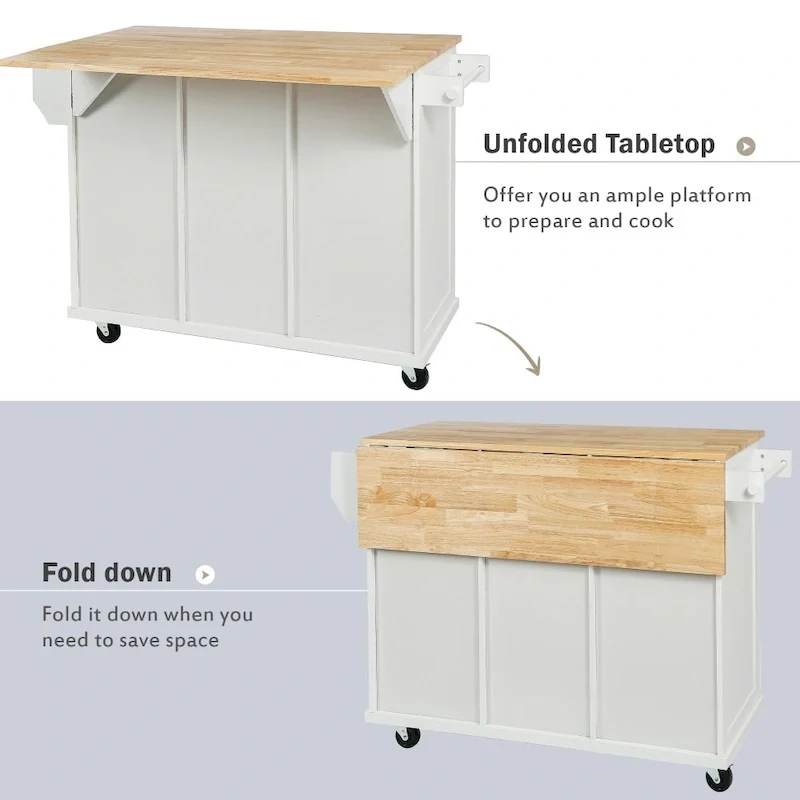White Kitchen Island on 5 Wheels with Storage Cabinet and 3 Drawers