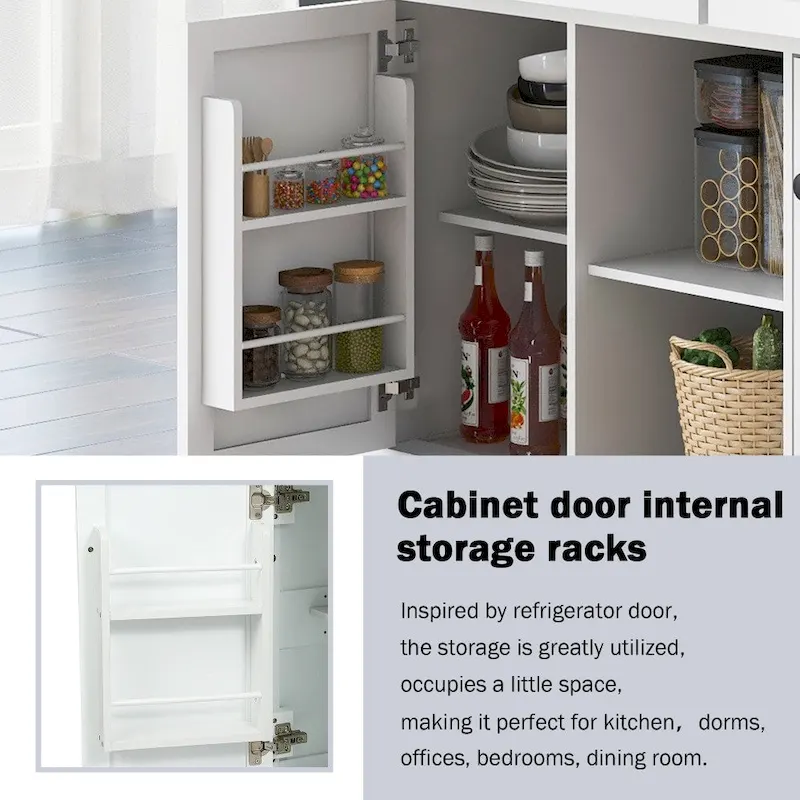 White Kitchen Island on 5 Wheels with Storage Cabinet and 3 Drawers