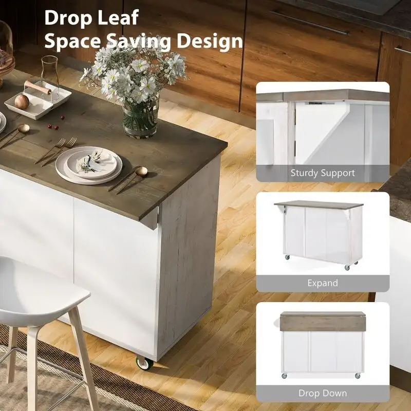 Retro 47D Kitchen Island on Wheels with Drop Leaf,Internal Storage Rack