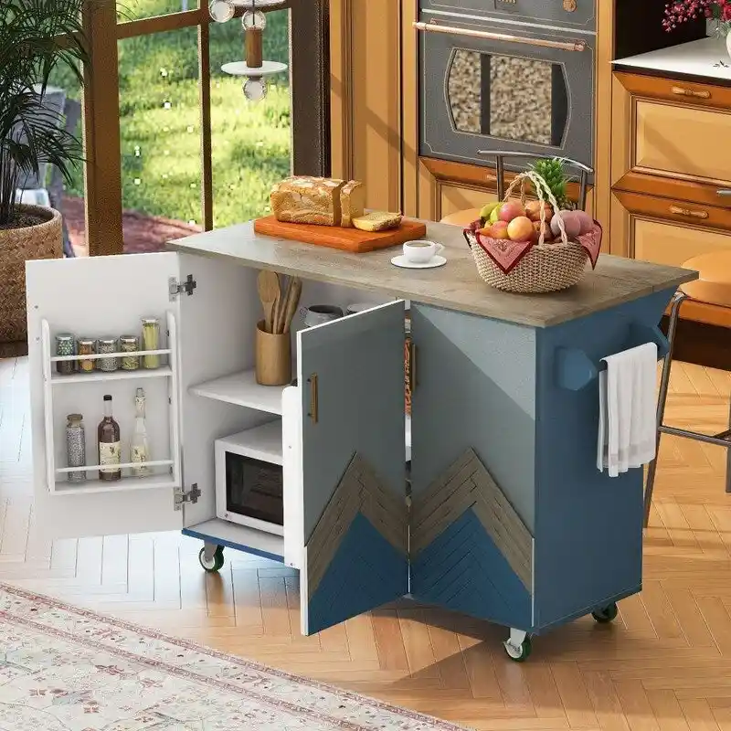 Retro 47D Kitchen Island on Wheels with Drop Leaf,Internal Storage Rack