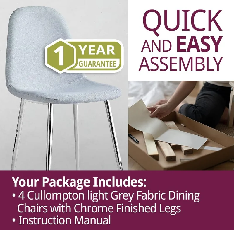Hallowood Furniture Cullompton Lot de 4 chaises de salle à manger rembourrées en tissu gris avec pieds en métal robuste finition argentée pour salle à manger, chaises modernes et élégantes pour la