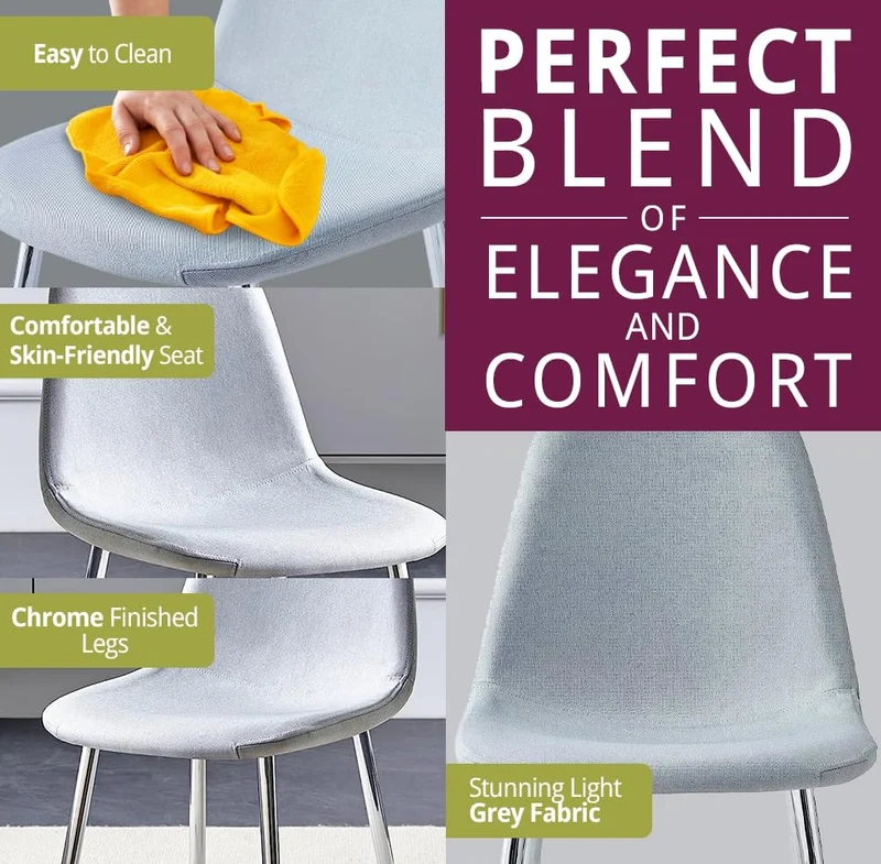 Hallowood Furniture Cullompton Lot de 4 chaises de salle à manger rembourrées en tissu gris avec pieds en métal robuste finition argentée pour salle à manger, chaises modernes et élégantes pour la