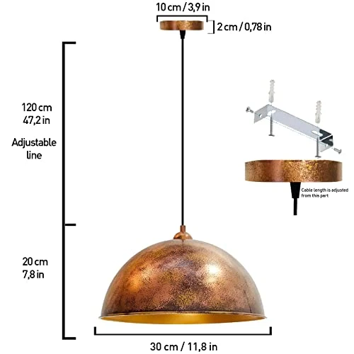 bamyum Suspension Luminaire en Metal de 30 cm, Plafonnier Vintage Peinte à la Main, Lustre Salon, Cuisine, Chambre, Salle à Manger, Couloir, Lampe Ronde E27, Suspension Luminaire, Éclairage Ton Cuivré