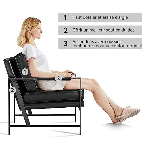 Yaheetech Fauteuil de Salon Confortable Cadre Métal Fauteuil de Chaise pour Salon Chambre Salle de Séjour Bureau Intérieur Noir