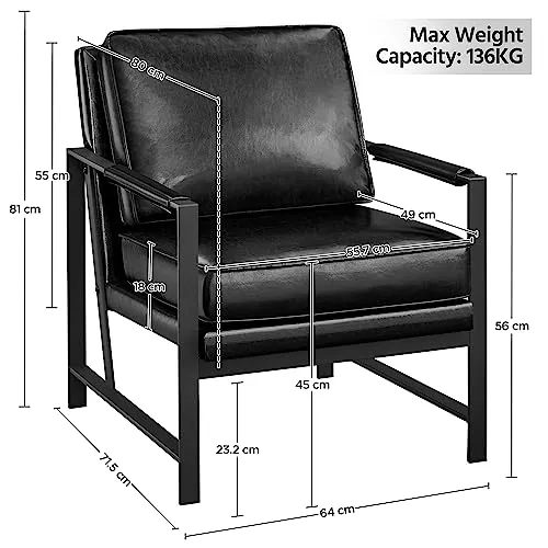 Yaheetech Fauteuil de Salon Confortable Cadre Métal Fauteuil de Chaise pour Salon Chambre Salle de Séjour Bureau Intérieur Noir