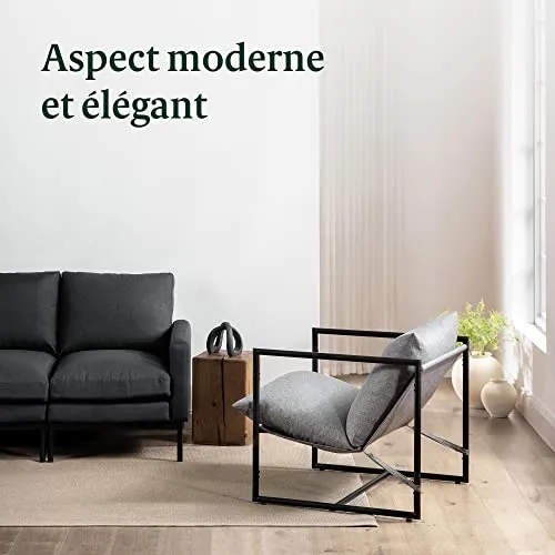 ZINUS Aidan Fauteuil d’exception style suspendu,Fauteuil avec structure en métal et coussins remplis de flocons de mousse, Montage facile sans outils,Fauteuil livré dans une boîte compacte, Gris clair