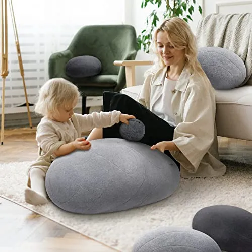 VERCART Gros Coussin de Sol Créatif Rond, énorme Pouf de Décoration pour Salon Terrasse, Coussin Decoratif 3D Imitation Pierre, Mélange de Gris Clair et Foncé 6 Pièces