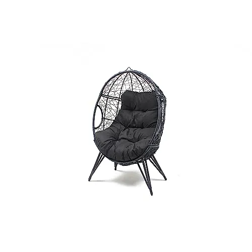 CONCEPT USINE | Fauteuil Oeuf sur Pieds Beige en Résine Noir Aspect Rotin | Design Jane | Structure en Acier | Coussin déperlant | Hamac Balançoire sur Pied terrasse Jardin Balcon | Résiste à l'eau