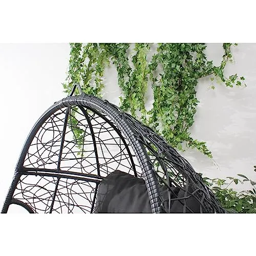CONCEPT USINE | Fauteuil Oeuf sur Pieds Beige en Résine Noir Aspect Rotin | Design Jane | Structure en Acier | Coussin déperlant | Hamac Balançoire sur Pied terrasse Jardin Balcon | Résiste à l'eau