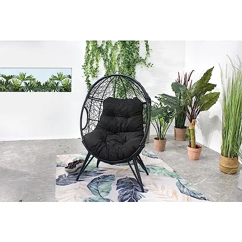 CONCEPT USINE | Fauteuil Oeuf sur Pieds Beige en Résine Noir Aspect Rotin | Design Jane | Structure en Acier | Coussin déperlant | Hamac Balançoire sur Pied terrasse Jardin Balcon | Résiste à l'eau