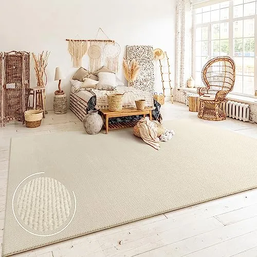 Paco Home Tapis Salon Chambre Adulte Poils Ras Boho Motif Scandinave Uni, Dimension:160x220 cm, Couleur:Beige