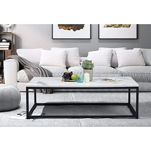 MEUBLE COSY Salon Table Basse Design Moderne Style Industriel, Structure en Métal, Marbre, 110x60x34cm
