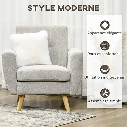 HOMCOM Fauteuil de Salon Relax Style scandinave Dossier capitonné en Tissu 85 x 76,5 x 86 cm - Gris Clair et Pieds en Bois