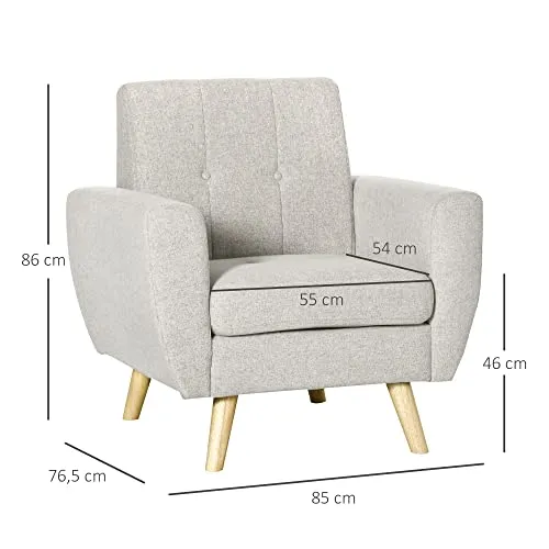 HOMCOM Fauteuil de Salon Relax Style scandinave Dossier capitonné en Tissu 85 x 76,5 x 86 cm - Gris Clair et Pieds en Bois
