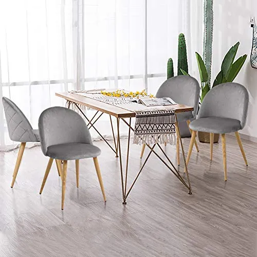 TUKAILAI Lot de 2 Fauteuil Chaise de Salle à Manger Velours Gris Chaise de Bureau Ergonomique Pieds Métal avec Finition en Bois Gris