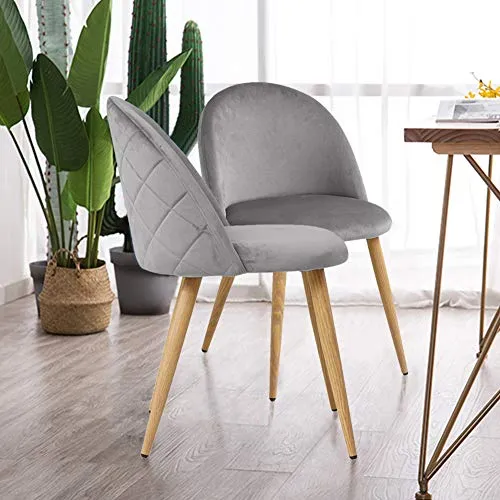 TUKAILAI Lot de 2 Fauteuil Chaise de Salle à Manger Velours Gris Chaise de Bureau Ergonomique Pieds Métal avec Finition en Bois Gris