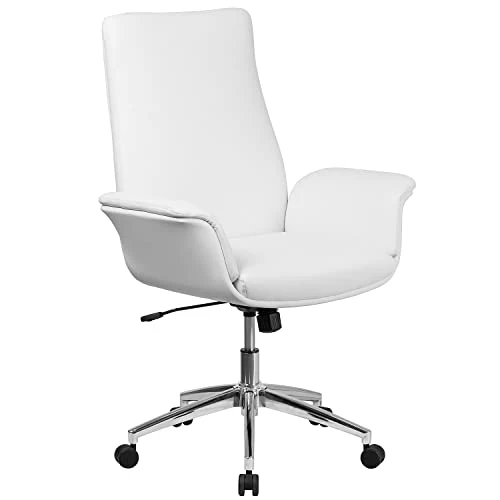 Flash Furniture Chaise Exec Blanc Fauteuil pivotant en Cuir à Dossier Moyen avec accoudoirs évasés, Métal, 83,82 x 83,82 x 80,01 cm
