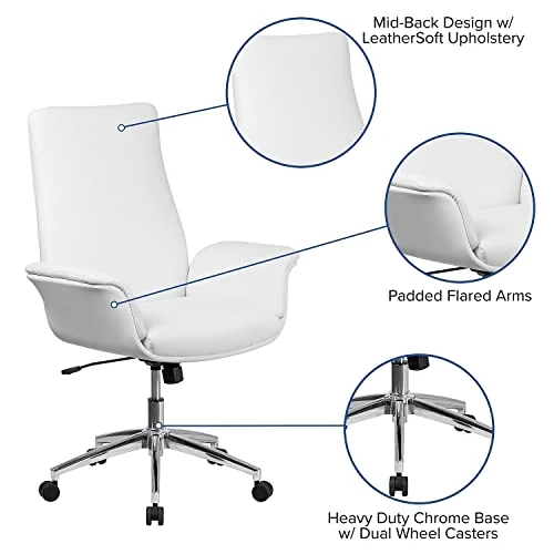 Flash Furniture Chaise Exec Blanc Fauteuil pivotant en Cuir à Dossier Moyen avec accoudoirs évasés, Métal, 83,82 x 83,82 x 80,01 cm