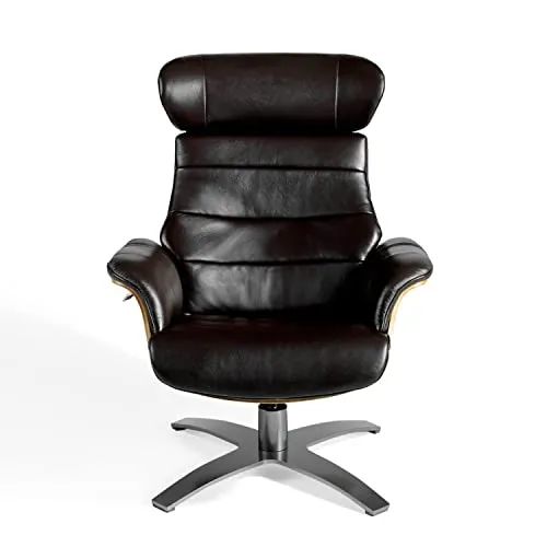 Angel Cerdá Fauteuil pivotant relax tapissé en cuir de vachette, pieds en acier massif poli gris anthracite, structure en bois noyer, style moderne