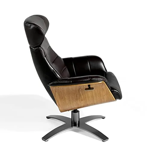 Angel Cerdá Fauteuil pivotant relax tapissé en cuir de vachette, pieds en acier massif poli gris anthracite, structure en bois noyer, style moderne