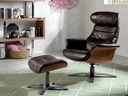 Angel Cerdá Fauteuil pivotant relax tapissé en cuir de vachette, pieds en acier massif poli gris anthracite, structure en bois noyer, style moderne