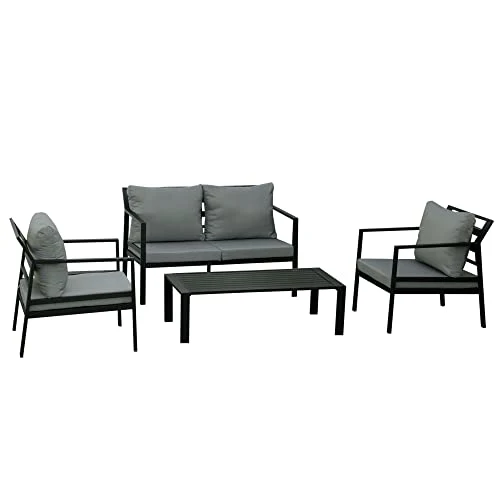 Outsunny Ensemble Salon de Jardin 4 pièces canapé 2 Places + 2 fauteuils + Table Basse Plateau à Lattes 8 Coussins Rembourrage épais déhoussables Aluminium Gris Noir