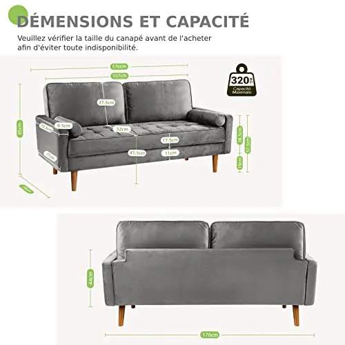 Vesgantti Canapé 3 Places en Tissu Velours, 176cm Style Moderne Scandinave pour Salon, Appartement, Petit Espace, Pieds Bois Massif, Gris